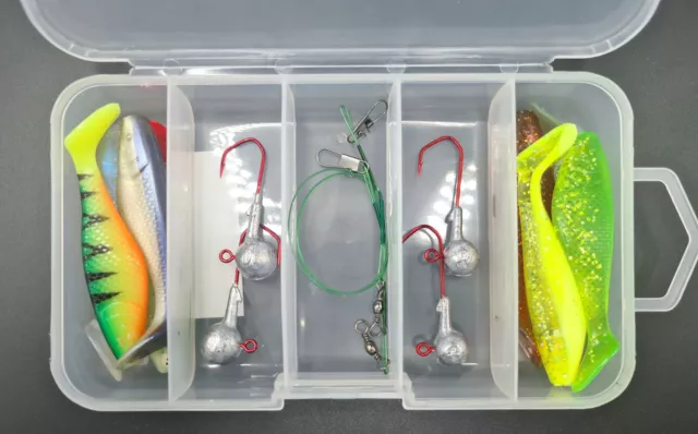 15 Tlg. Raubfisch Set Gummifisch Jig Kopf Stahlvorfach Tackle Box Hecht Barsch