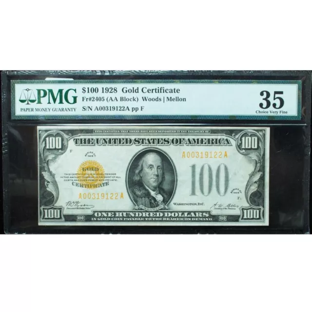 1928 $100 Gold Certificate FR# 2405 PMG 35 Very Fine, Excellent Eye Appeal!