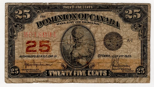 1923 Dominion Of Canada Twenty Five 25 Cent Shinplaster Bank Note Hyndman