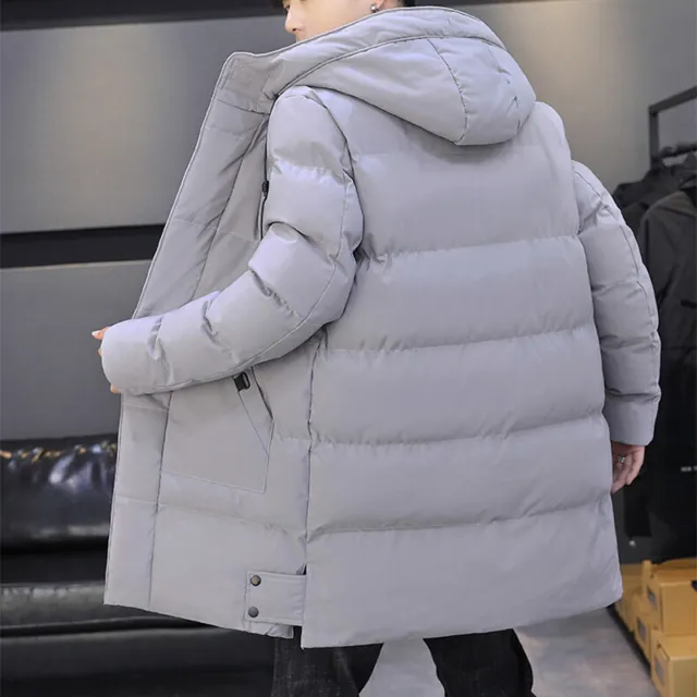 Men Warm Long puffer Parka Jacket Thicken Quilted Mid-Length Hooded Coat Winter