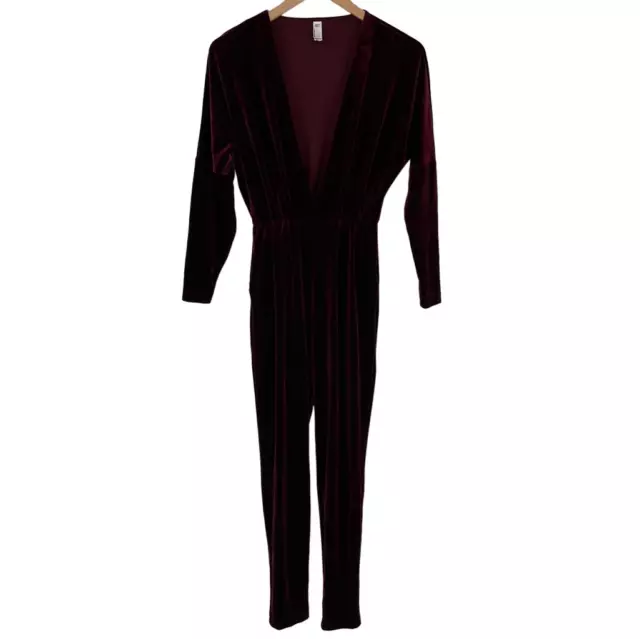 American Apparel Velvet Adelyn Jumpsuit Plunging V-Neck Cabernet Red Women XS