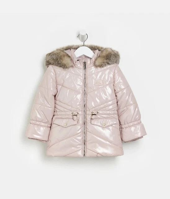 River Island Girls Cinched Puffer Jacket Pink  Hooded Casual RRP£40 age 18/24 m