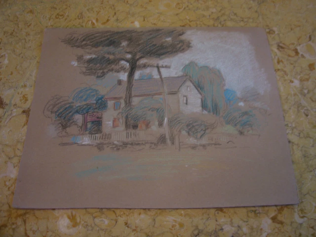 Vtg Antique Early 20th Cent E A Trego Charcoal Drawing of House