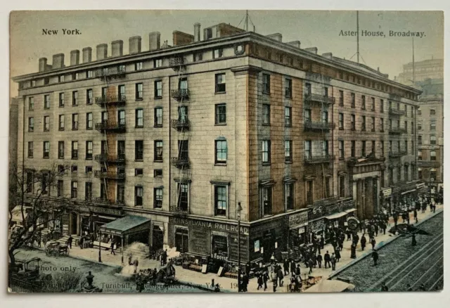 NY Postcard New York Astor House Broadway hotel Penn RR ticket stand Hagemeister