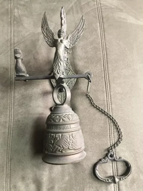 Victorian Ornate Brass Bell w Original Hanger Wall Mount Pull Chain