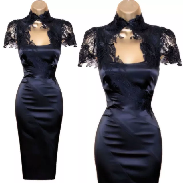 Karen Millen UK 8 (US 4) STUNNING VINTAGE BLACK SATIN LACE COCKTAIL DRESS