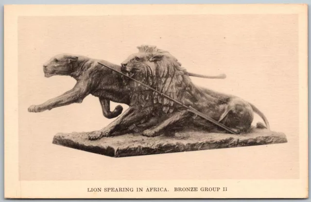 Chicago Illinois 1930s Postcard Field Museum Lion Spearing In Africa Statue ART