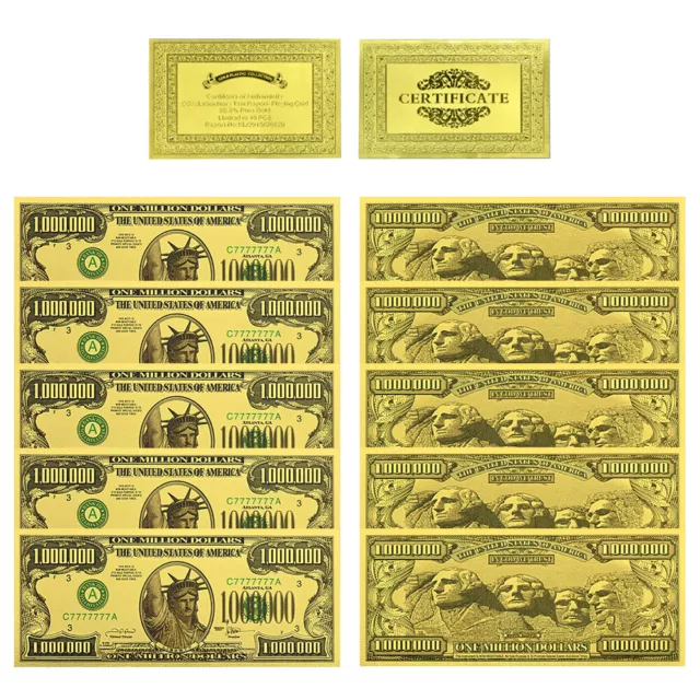 Real Gold Banknote Set USD 1000/100/50/20/10/5/2/1 Notes