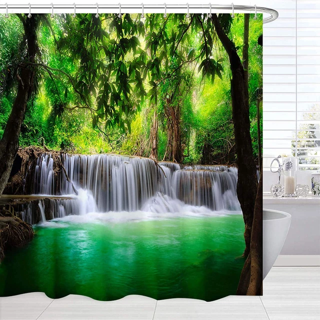 Green Landscape Shower Curtain Fabric Waterproof, Tropical Waterfall in Forest S
