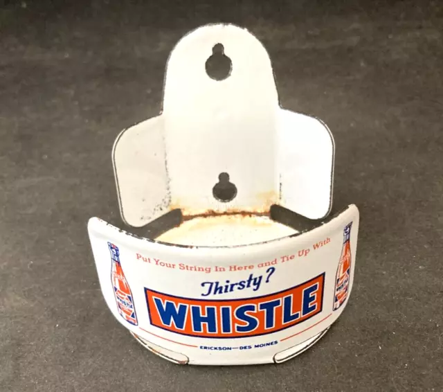 Vtg THIRSTY? JUST WHISTLE PORCELAIN STRING TWINE HOLDER Rare Old Advertisin Sign