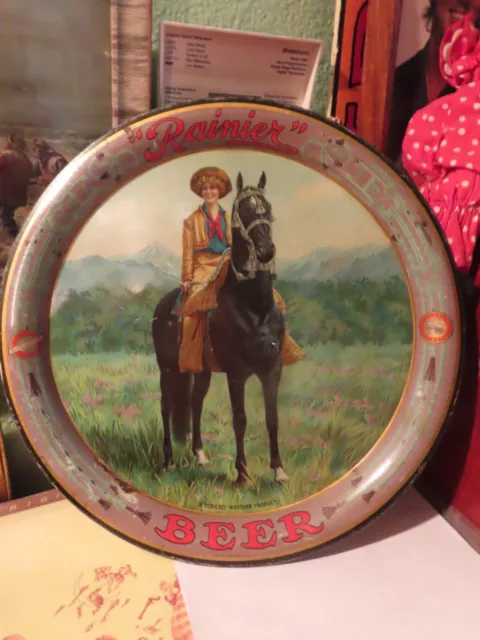 Rare Vintage Original Pre Prohibition Rainier Cow Girl Western Beer Tray