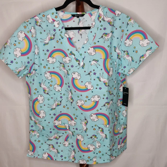 Just Love women's L scrubs top multicolor "Unicorn & Rainbows" short sleeves NWT