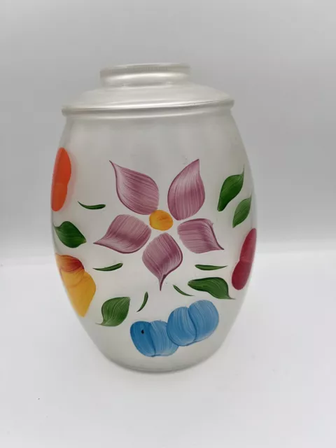 Vtg Bartlett Collins GAY FAD Cookie Jar w/Lid WHITE Frosted Glass Fruit Florals