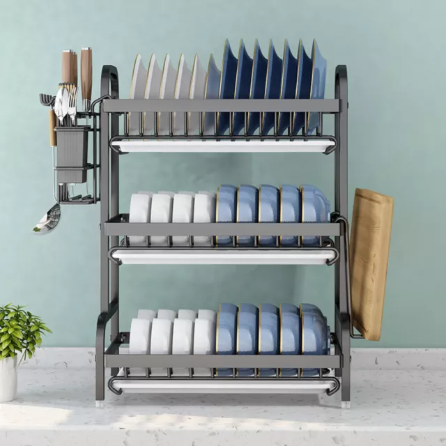 2/3 Tier Dish Drying Rack Dish Drainer Rack for Kitchen Dishes with Drip Tray UK