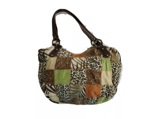 Fossil Handbag Patchwork Quilt Leopard Print Multicolored Canvas Leather Trim