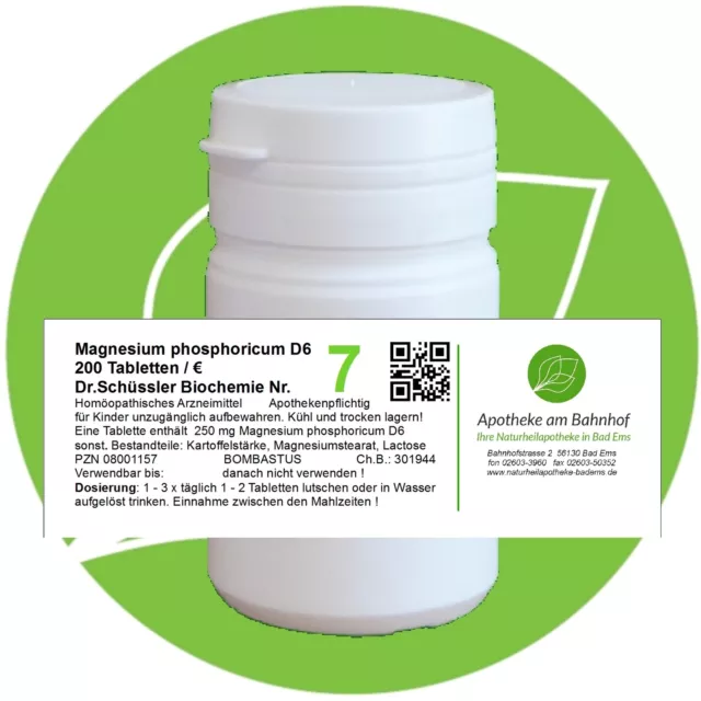 Schüßler - Salz 7 Magnesium phos. D6 glutenfrei 200 Tabletten PZN 08001157