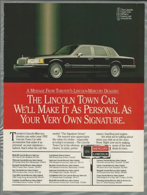 1992 LINCOLN TOWN CAR  advertisement, Canadian, print ad