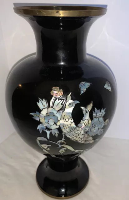 Vintage Mother of Pearl Inlayed Black Enamel And Brass Vase Bird Floral Korea