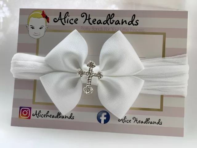 Baby Girl Headbands White Soft Stocking Band With Cross Baptism Bow Christening