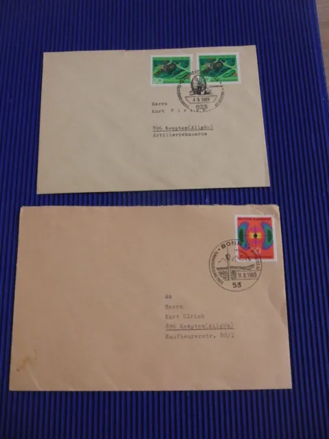 2 Kuvert mit Briefmarken BRD 1969 1 x Michel-Nr. 599, 2 x 602, Sonderstempel