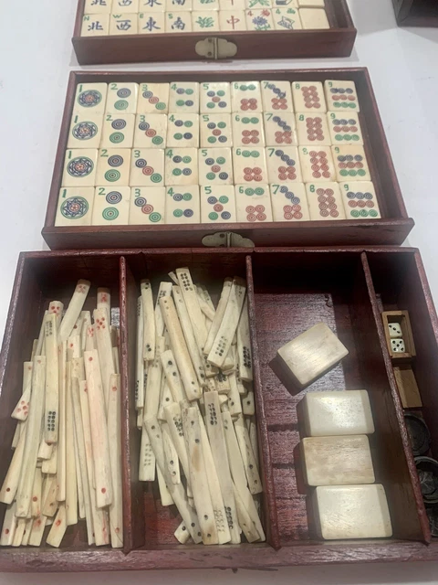 Chinese MAH-JONG ~ Antique set in wood case, tiles, betting sticks, dice, & more