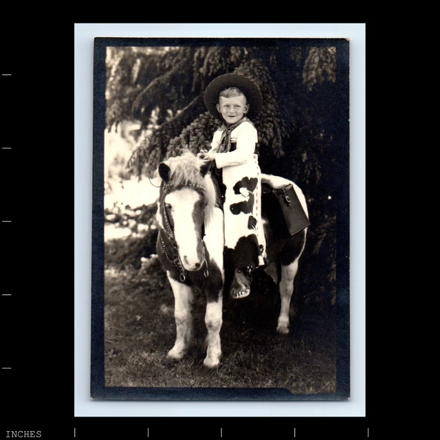 Old Vintage Photo BOY IN COWBOY HAT CHAPS RIDING PONY ADORABLE
