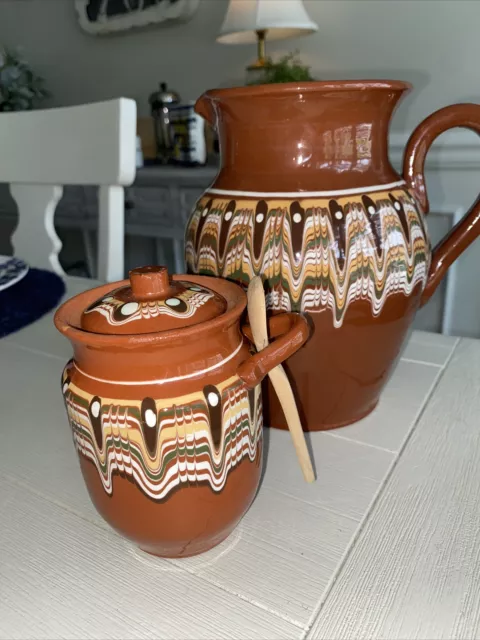 Vintage Bulgarian Troyan Slipware Pitcher & Condiment Jar Redware Terra Cotta