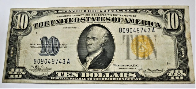 1934 Ten Dollar Gold Seal Silver Certificate! Serial#B 09049743 A! Vg/Fine 2