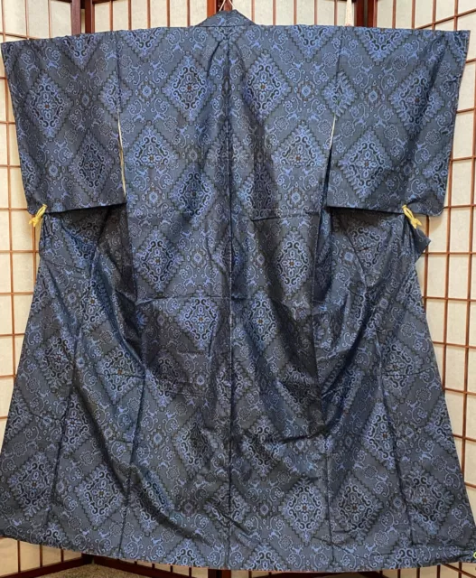 Vintage Silk Tsumugi Kimono with Stylized Floral Lozenges