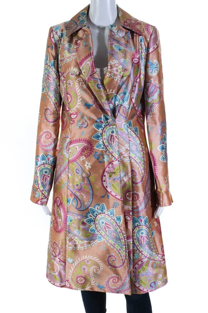 Christian Dior Womens Collared Paisley Silk Long Coat Peach Size 8