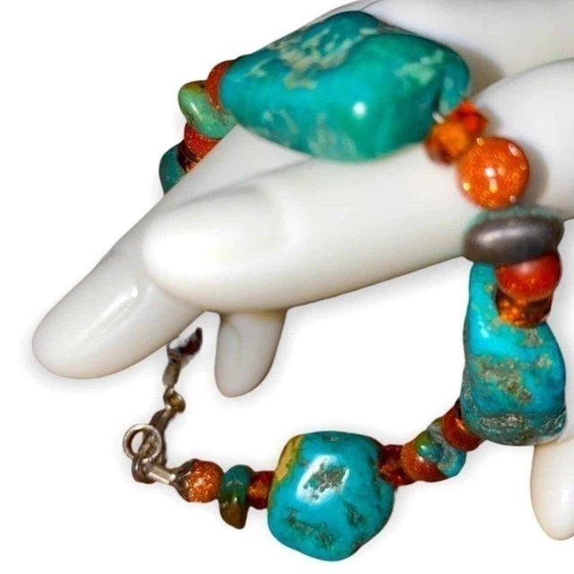 Chunky Turquoise Nugget .925 Sterling Silver Red Goldstone & Amber 8” Bracelet