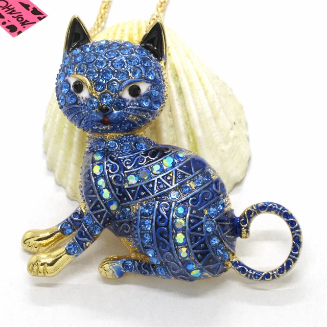 New Blue Enamel Exquisite Cat Crystal Betsey Johnson Pendant Sweater Necklace
