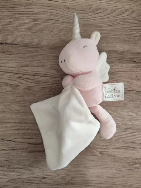 DOUDOU MES PETITS CAILLOUX LICORNE mouchoir ROSE BLANC etat neuf