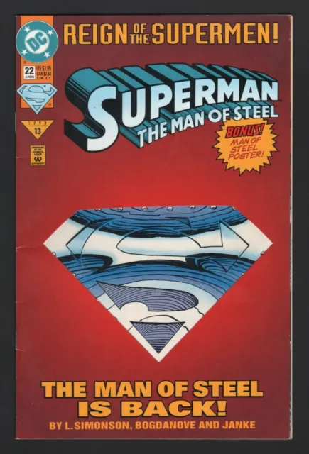 SUPERMAN: THE MAN OF STEEL #22, 1993, DC ComIcs, VF/NM CONDITION, STEEL! POSTER!