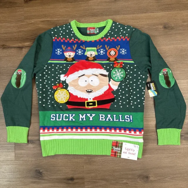 Spencers Large South Park SUCK MY BALLS Cartman Ugly Christmas Sweater Sounds