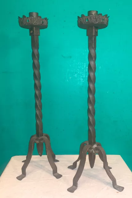 pair of Antique Wrought Iron Candlestick Holders in the style of Samuel Yellin