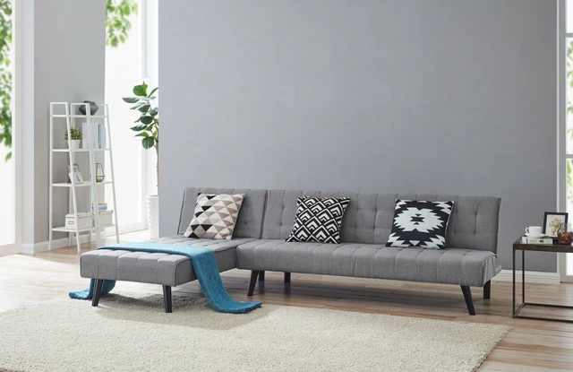 Corner Sofa Bed And Chaise L Shape Black Grey Design Recliner PVC Fabric Sofabed