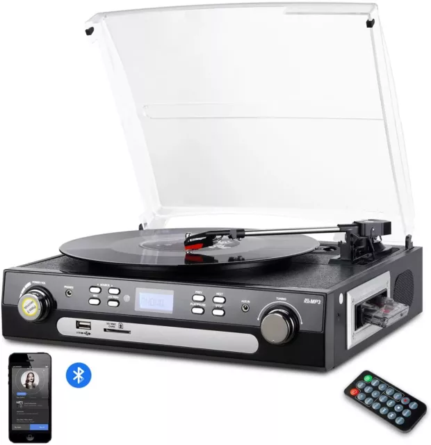 BLUETOOTH RECORD PLAYER with Stereo Speakers Turntable for Vinyl to MP3
