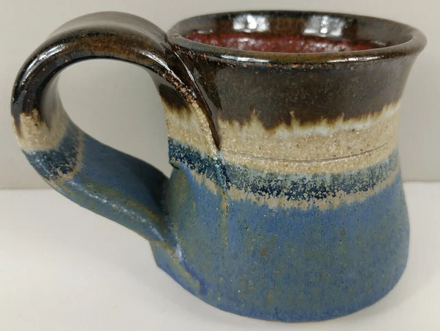 Glazed Stoneware Coffee Mug, Blue Brown White, Large Handle