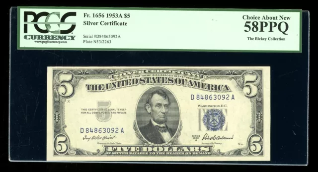 DBR 1953-A $5 Silver Fr. 1656 DA Block PCGS 58 PPQ Serial D84863092A
