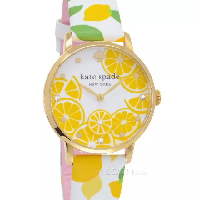 Kate Spade New York Womens Metro Lemon Gold Watch, White Yellow Green Leather