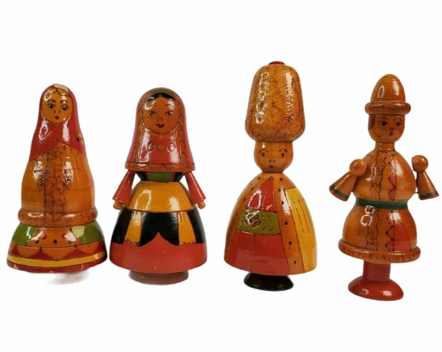 Vintage Russian Folk Art Turned Dolls Lot of 4 Hand Painted Wooden