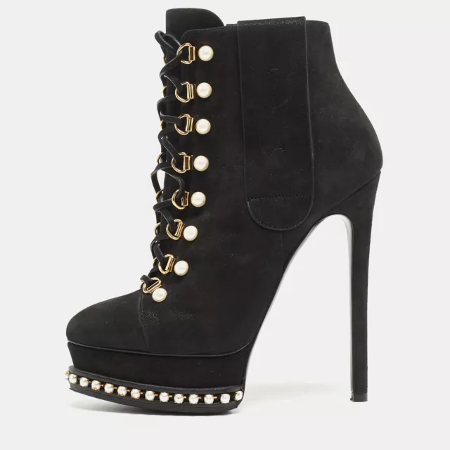 Casadei Black Laminated Suede Pearl Embellished Platform Lace Up Booties