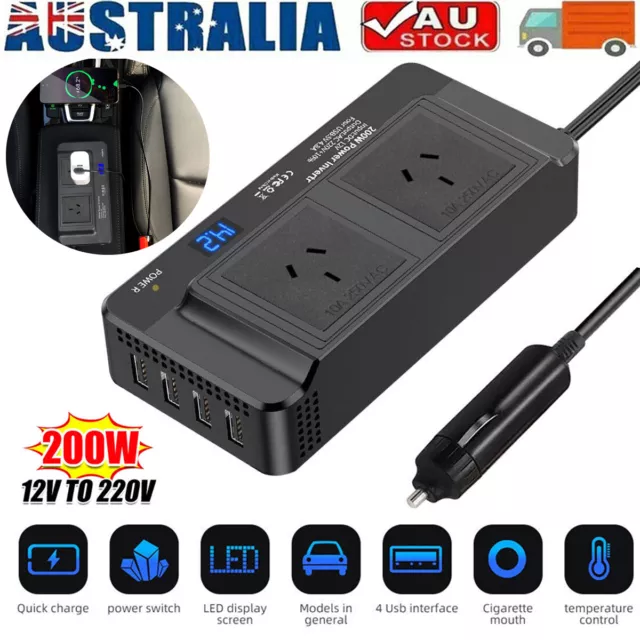 Car Power Inverter 12V to 240V AC Converter With 4-USB Port Phone Charging 200W