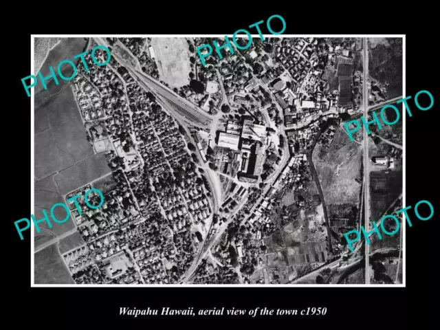 OLD POSTCARD SIZE PHOTO WAIPAHU HAWAII AERIAL VIEW OF THE TOWN c1950