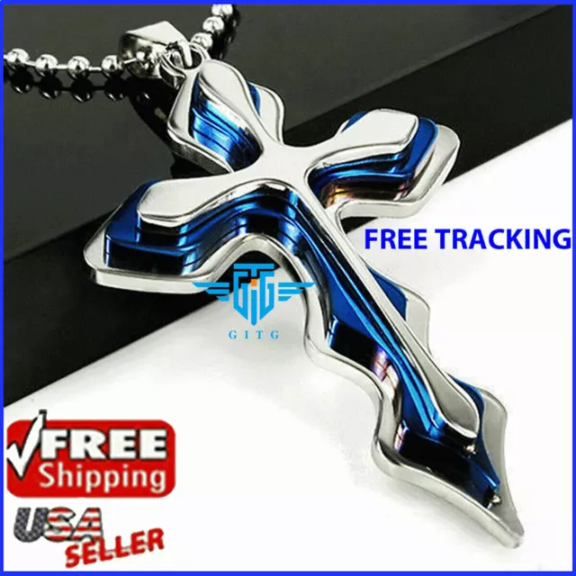 Cross Pendant Necklace BLUE Stainless Steel Alloy Unisex Crucifix FREE Chain