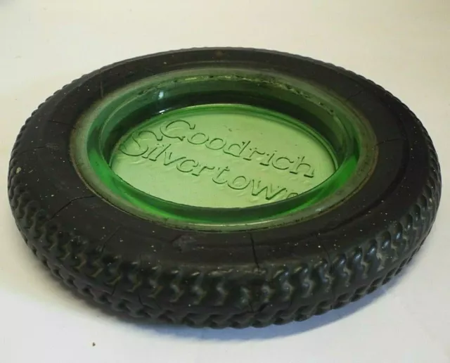 Old B.F. GOODRICH Car Tire SILVERTOWNS GREEN Embossed Glass ADVERTISING ASHTRAY