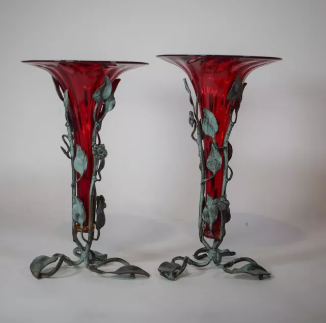 Pair of Murano Italian Umberto Belloto Iron & Glass Trumpet Vases, Circa 1920