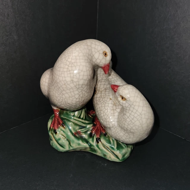 Antique Chinese Crackle Glazed Pottery Doves Pigeons Birds in Grass Sculpture