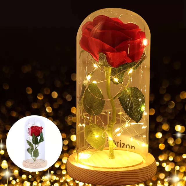 WR Lighted Beauty and the Beast Enchanted Gold Foil Rose In Glass Dome Love Gift